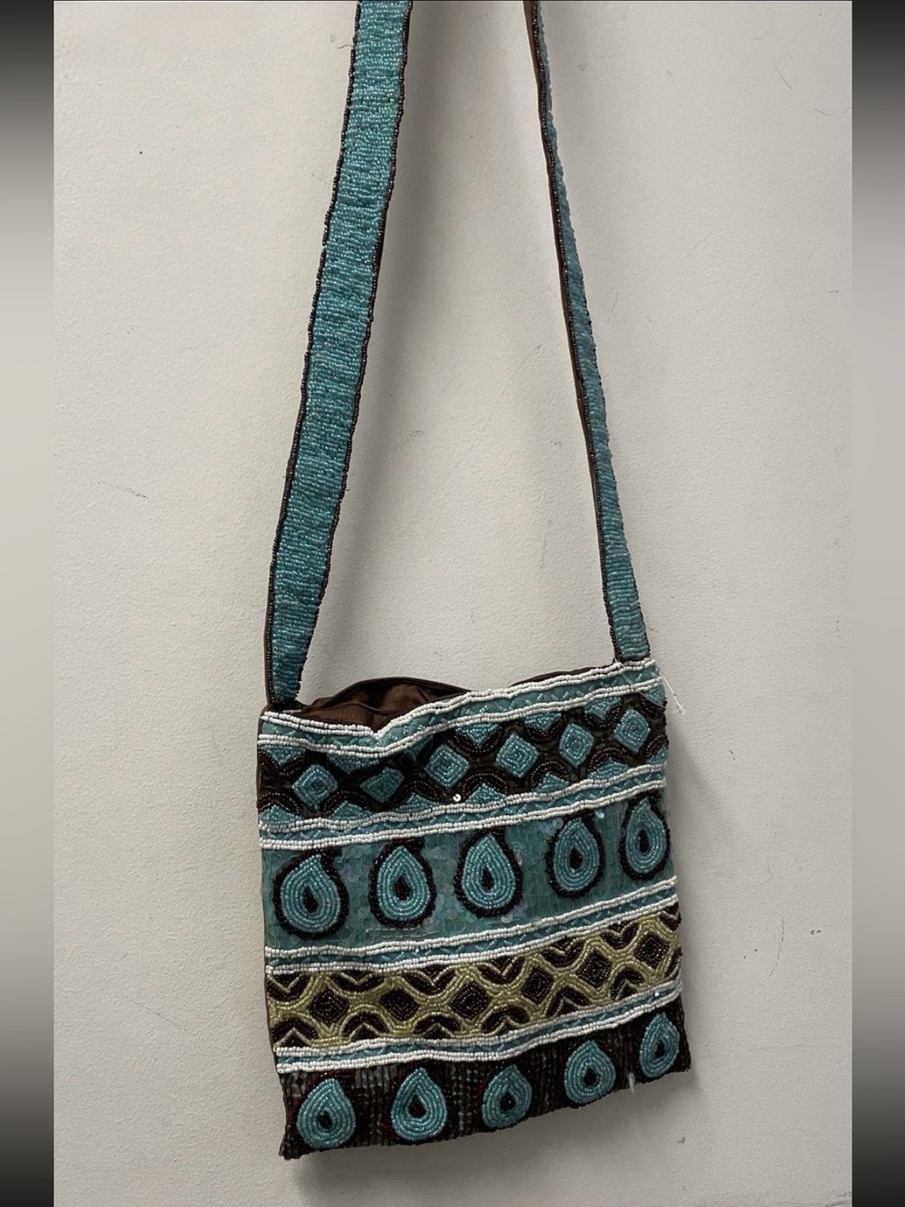 Vintage Christiana Beaded Patterned Crossbody Bag in Teal and Brown